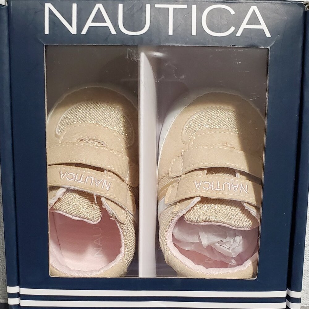 (SOLD OB FB) NAUTICA Baby Girl Pre-walker,Crib Sneakers "Tiny Hull" Camel & Gold - Picture 6 of 7